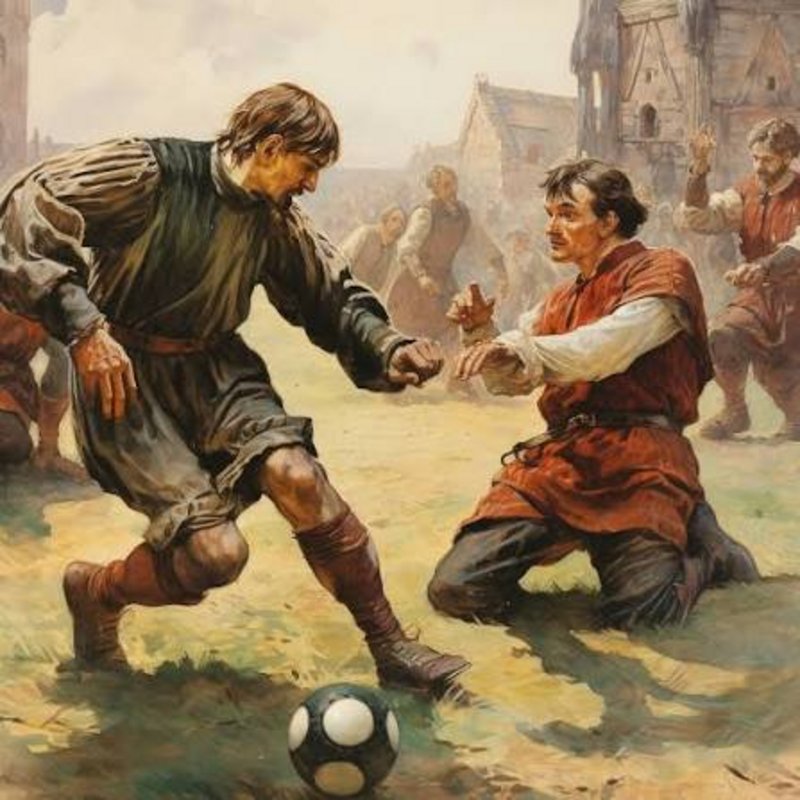 A historical illustration of medieval football being played in a town